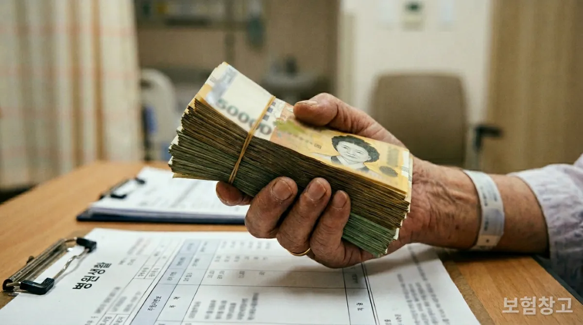 높은 간병비 청구서를 들고 있는 한국인의 손