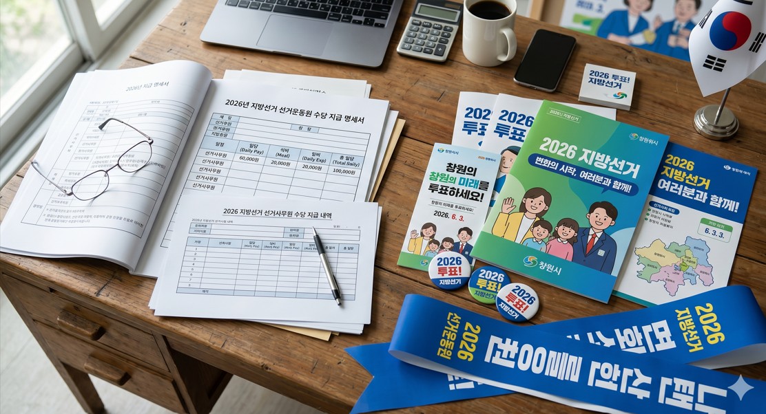일당과 수당이 적힌 서류와 선거 홍보물이 놓여 있는 책상 위의 정물