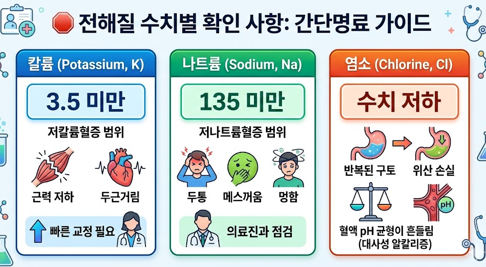 칼륨 나트륨 염소 전해질 수치 저하 시 나타나는 증상과 주의사항 간단 명료 정리