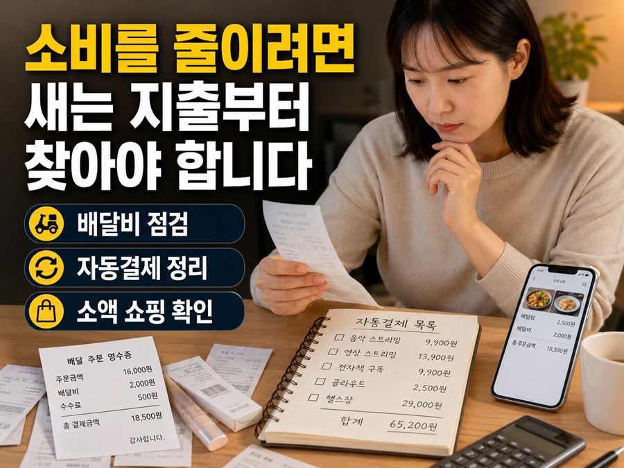 배달비, 자동결제, 소액 쇼핑처럼 반복적으로 새는 지출을 먼저 찾아 소비를 줄이는 현실적인 방법을 보여주는 체크리스트형 이미지입니다.
