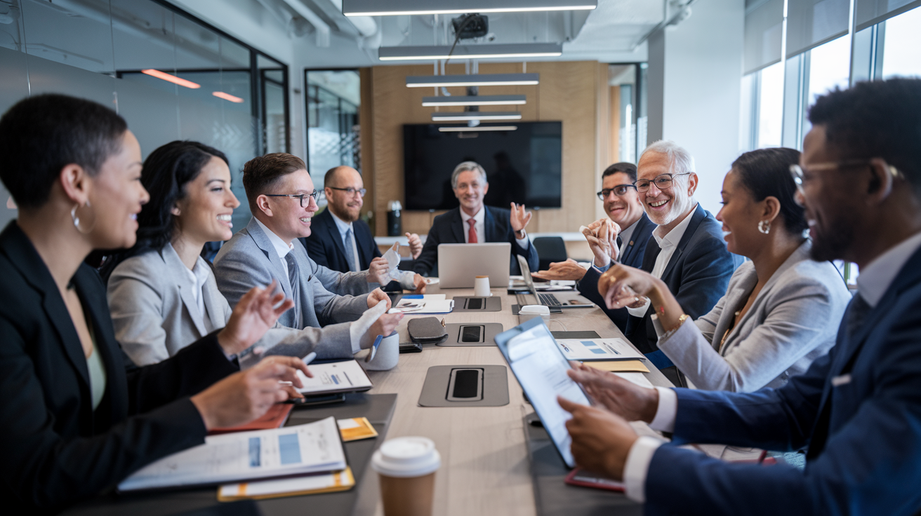 A group of diverse professionals engaged in a lively discussion in a modern office meeting room, with laptops, documents, and coffee cups on the table.