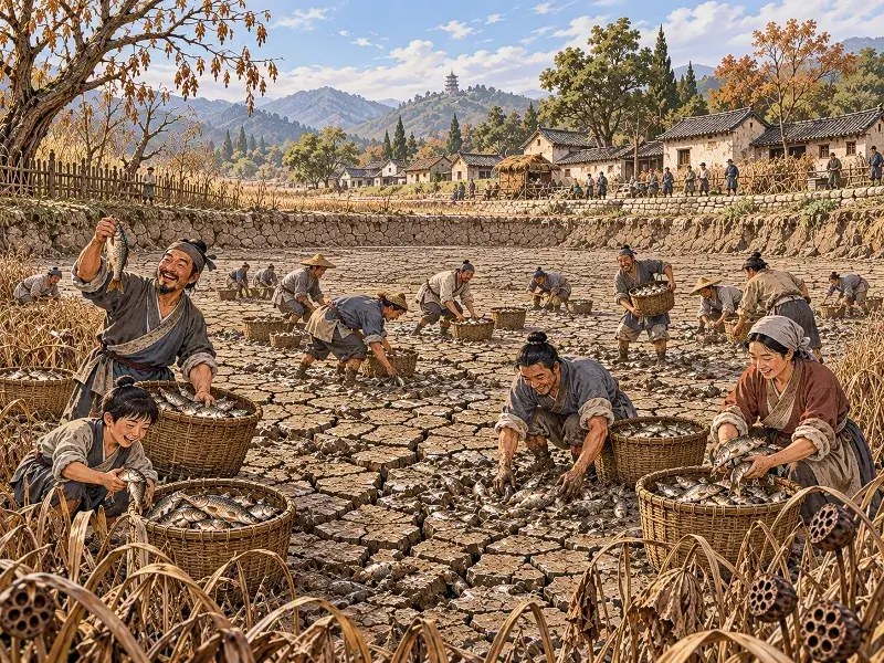 Ancient Chinese villagers catching fish in a drained pond, symbolizing Galtaegieo and the depletion of future resources for immediate gain