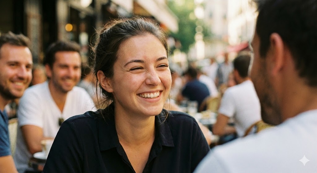 야외-카페에서-상대방을-바라보며-눈가에-주름이-지는-환한-진짜-웃음인-뒤셴-미소를-짓고-있는-매력적인-여성의-모습