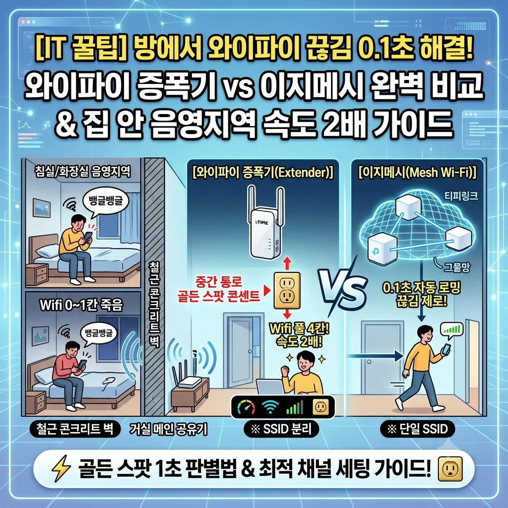 방에서 와이파이 끊김 해결 와이파이 증폭기 확장기 이지메시 음영지역 속도 향상 가이드 대표 썸네일