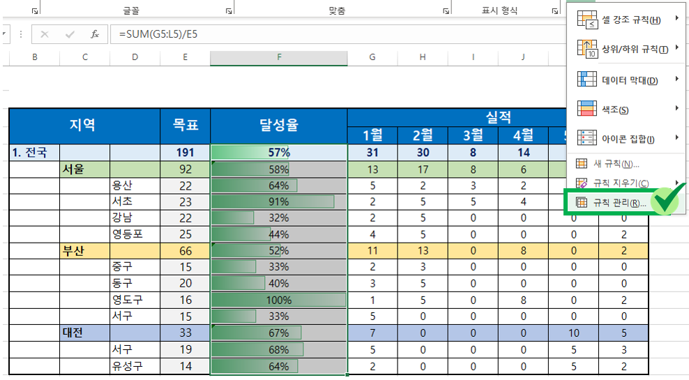 엑셀-데이터막대-규칙관리