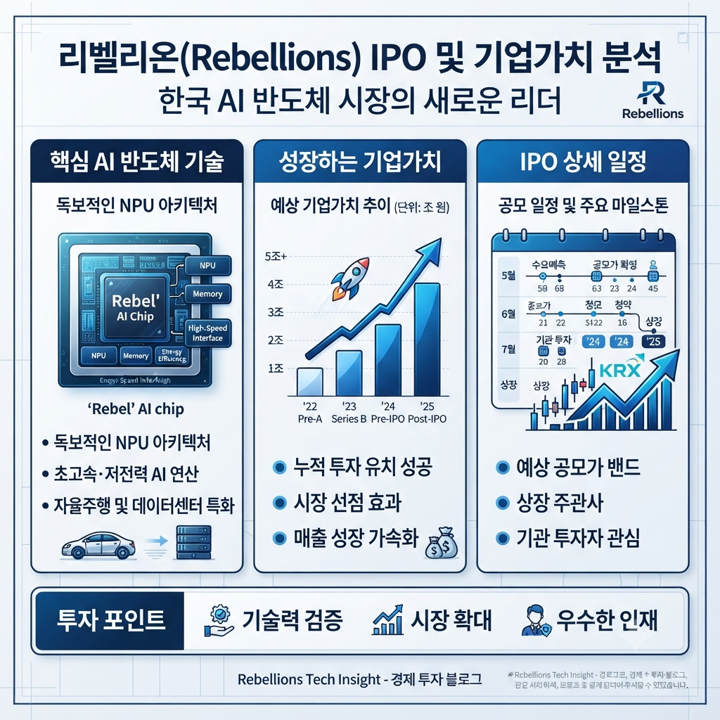 리벨리온 주가와 IPO 상장 일정을 설명하는 AI 반도체 투자 인포그래픽
