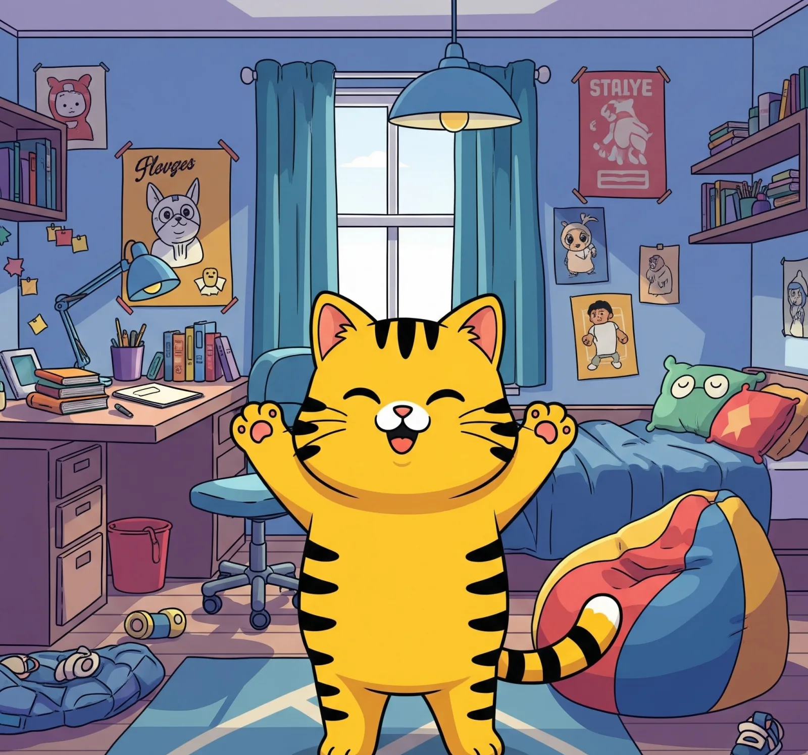 깔끔한 방에서 기뻐하는 고양이 그림, Illustration of a cat happy in a clean room