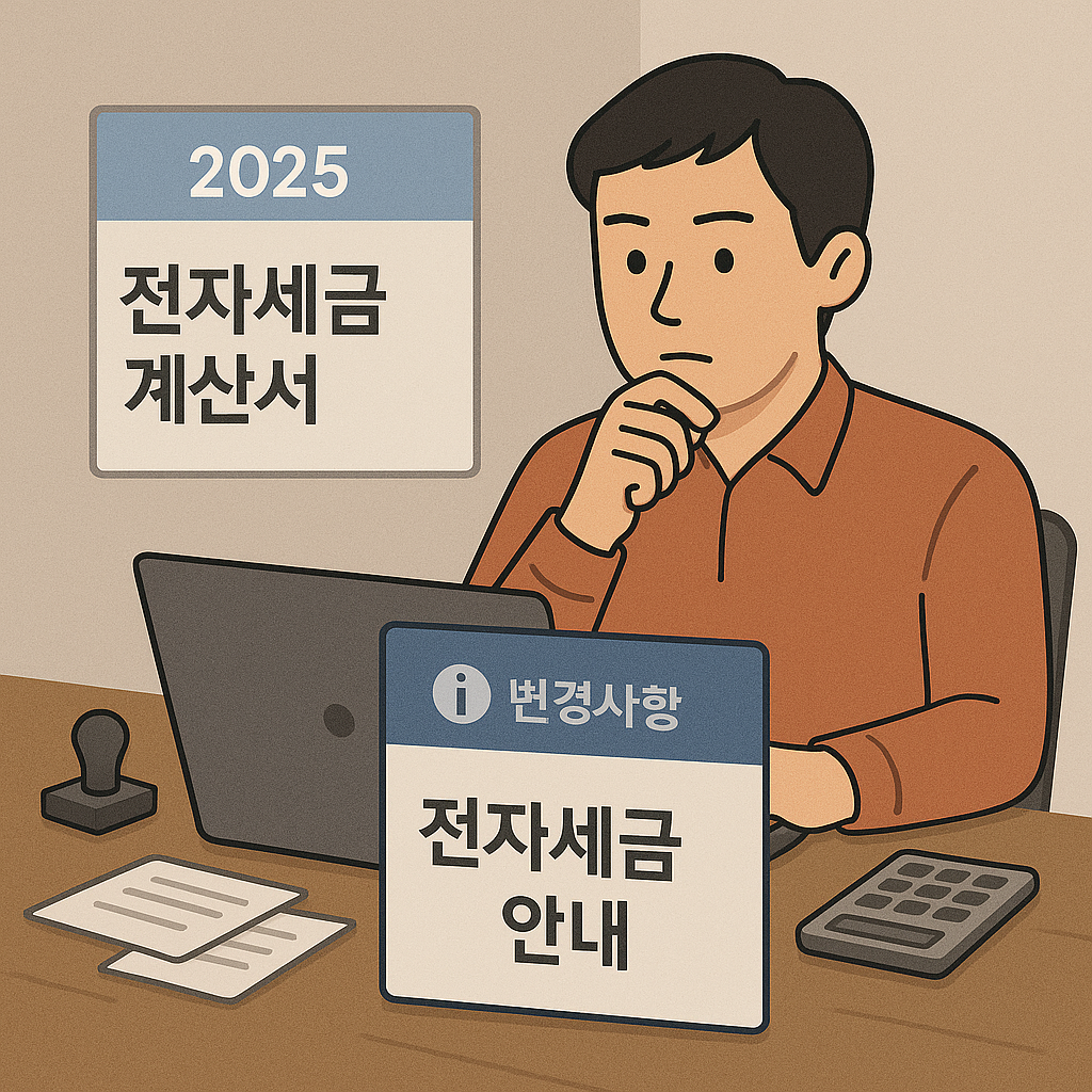 2025년 변경된 전자세금계산서 제도를 확인 중인 소상공인의 작업 공간