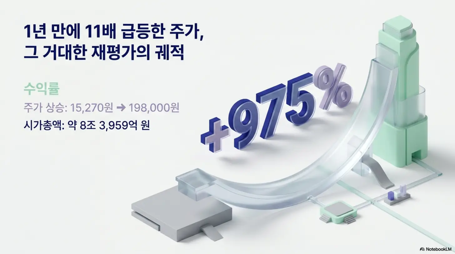 대덕전자 주가가 1년 만에 1만 5&amp;#44;270원에서 19만 8&amp;#44;000원으로 약 11배&amp;#44; 수익률 +975% 급등한 재평가 궤적을 보여주는 이미지. 시가총액 약 8조 3&amp;#44;959억 원과 가파른 상승 곡선을 시각적으로 전달하며&amp;#44; 블로그의 대덕전자 주가 전망 주제를 설명함 