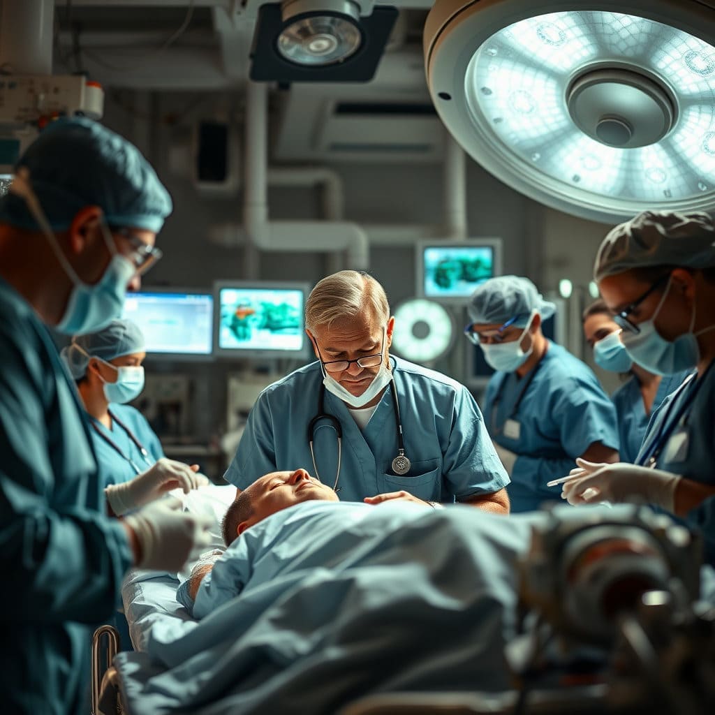 생사의 갈림길에 선 환자를 살리기 위해 고군분투하는 의료진의 헌신과 노력을 시각적으로 보여줍니다. 교수님과 팀원들의 긴박하고 집중하는 모습을 통해 외상센터의 중요성을 강조할 수 있습니다.