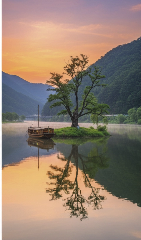 물의 정원 상징인 강변 버드나무와 평화로운 강물 풍경