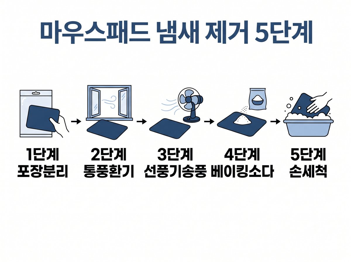 마우스패드 냄새 제거 5단계 포장분리 통풍환기 선풍기송풍 베이킹소다 손세척