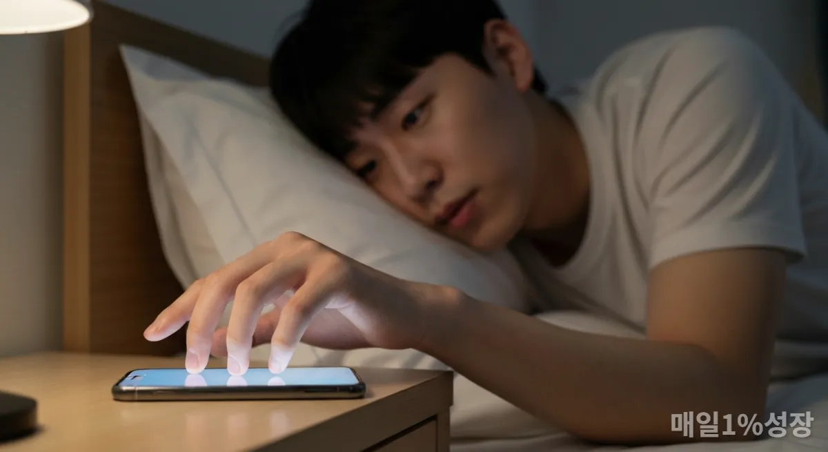 밤에 잠들기 전 스마트폰을 잡으려는 손의 클로즈업