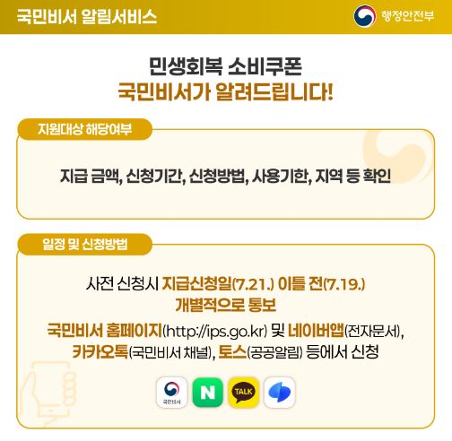 행정안전부의 민생회복 소비쿠폰 국민비서 알림 서비스 이미지
