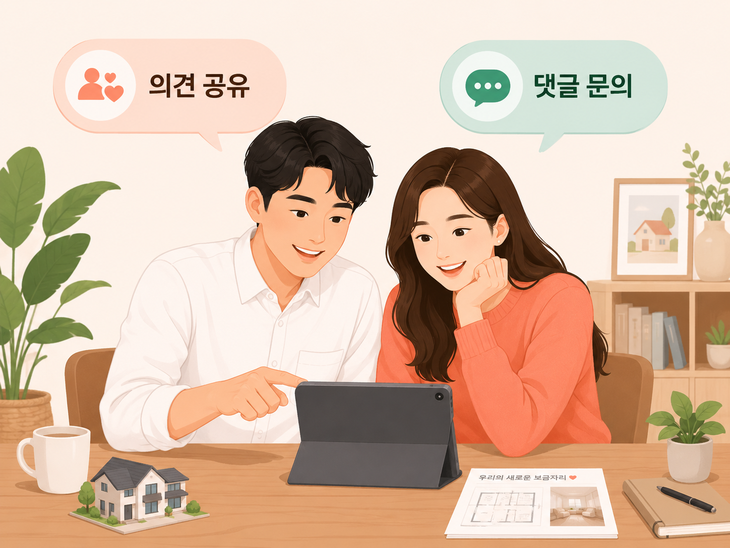 부동산 매수 전략을 논의하는 친근한 분위기의 일러스트