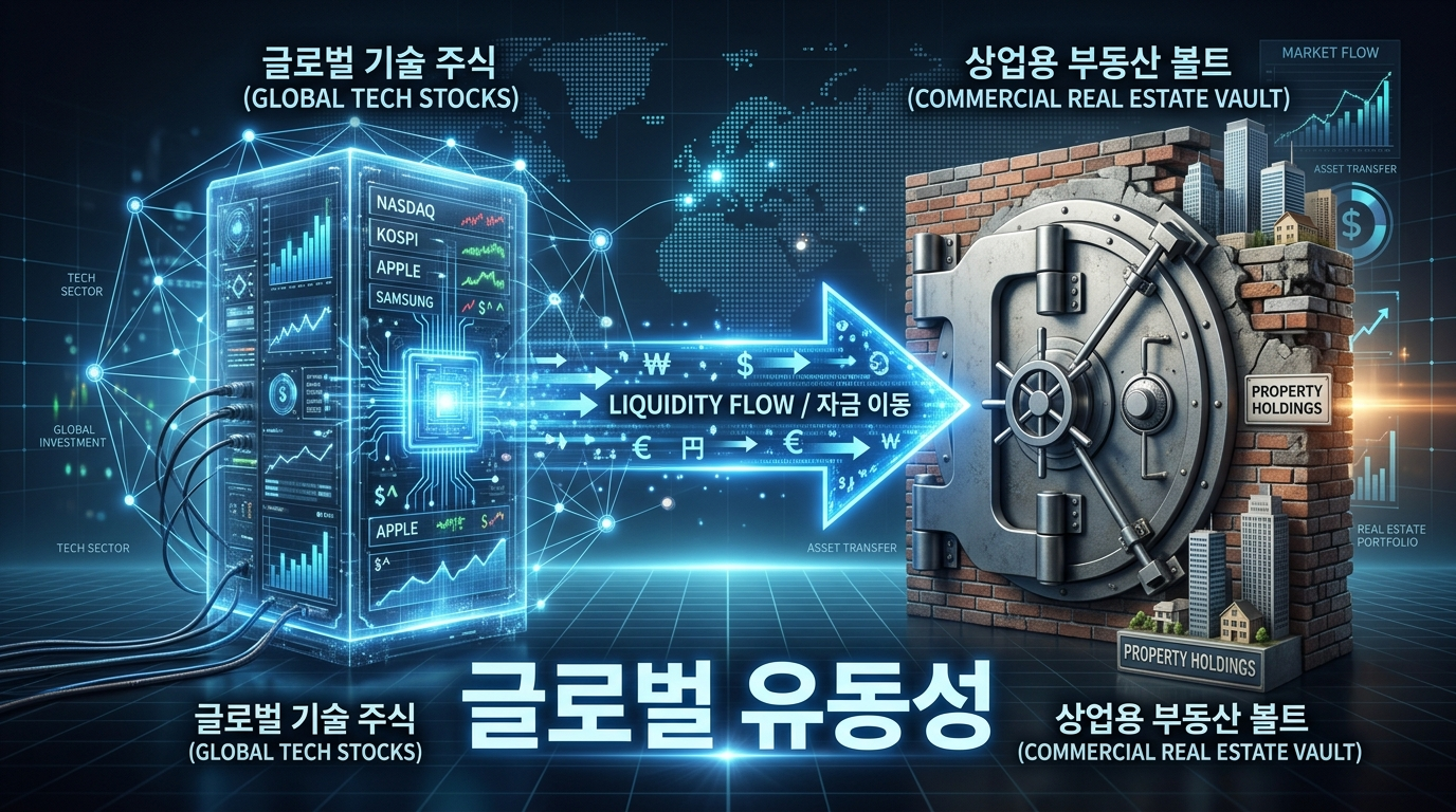 미국 빅테크 성장주의 하이테크 연산 엔진과 리얼티인컴이 보유한 견고한 실물 소매 부동산 자산의 해자가 결합하여, 변동성 하락장 속에서도 마르지 않는 월세 분배금을 뿜어내는 다각화 포트폴리오 자본 이동 레이아웃