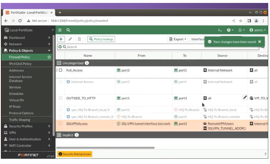 방화벽 정책에 SSL VPN 구성