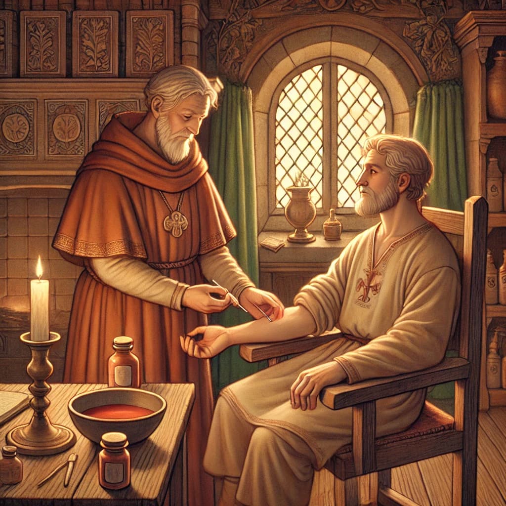 중세 유럽 방혈사(Bloodletter)가 피를 빼려고 하는 모습