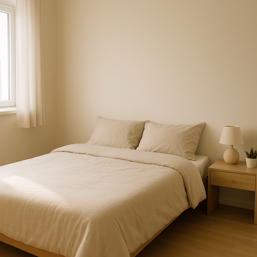 북향 벽 쪽으로 머리를 둔 안정적인 침대 배치의 밝은 침실