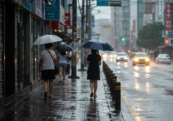 장마철 길거리를 걷는 시민들
