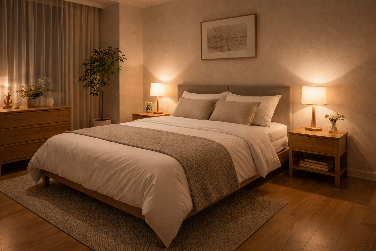 정돈된 침대와 은은한 조명이 켜진 차분한 침실 풍수 인테리어