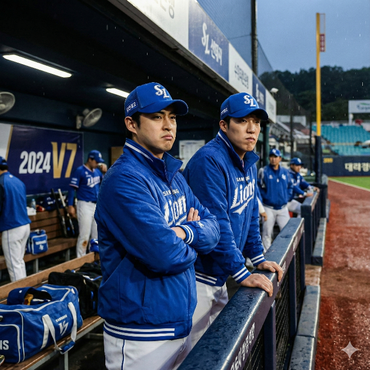 구자욱, 원태인 등 삼성 주축 선수들이 더그아웃에서 비장한 표정으로 그라운드를 응시하는 사진.