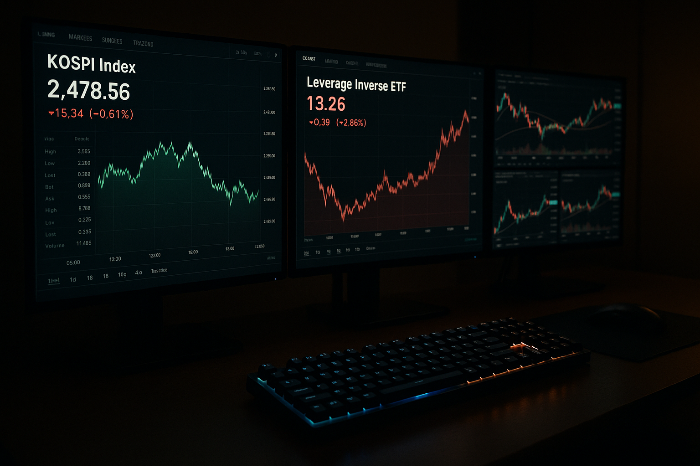 레버리지 인버스 ETF의 단기 변동성을 상징하는 트레이딩 데스크 이미지