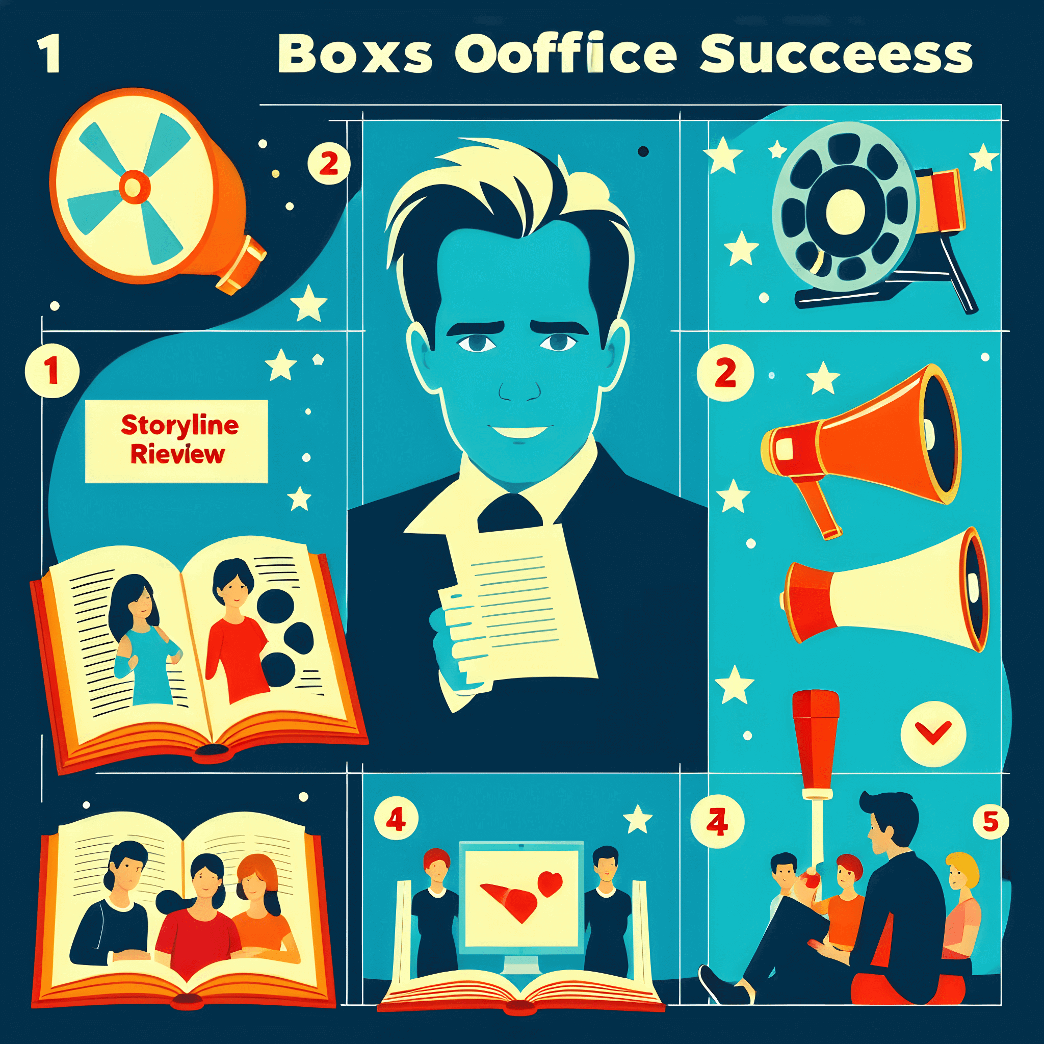 영화 흥행을 좌우하는 5가지 요소를 시각적으로 표현한 인포그래픽 이미지