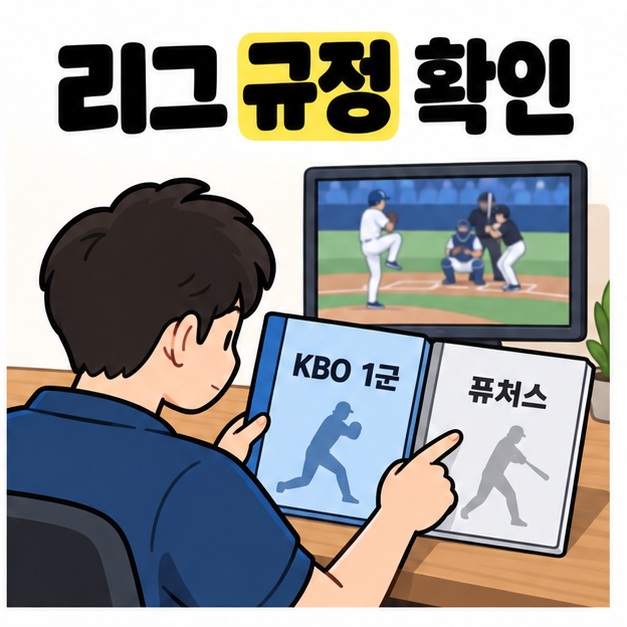 야구 중계를 보는 관람자가 KBO 1군과 퓨처스 규정 자료를 나란히 읽으며 비교하는 모습