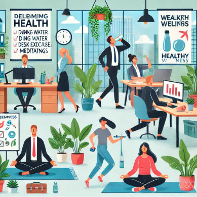 사무실에 일하고 있는 사람들과 운동을 하는 사람들 이미지