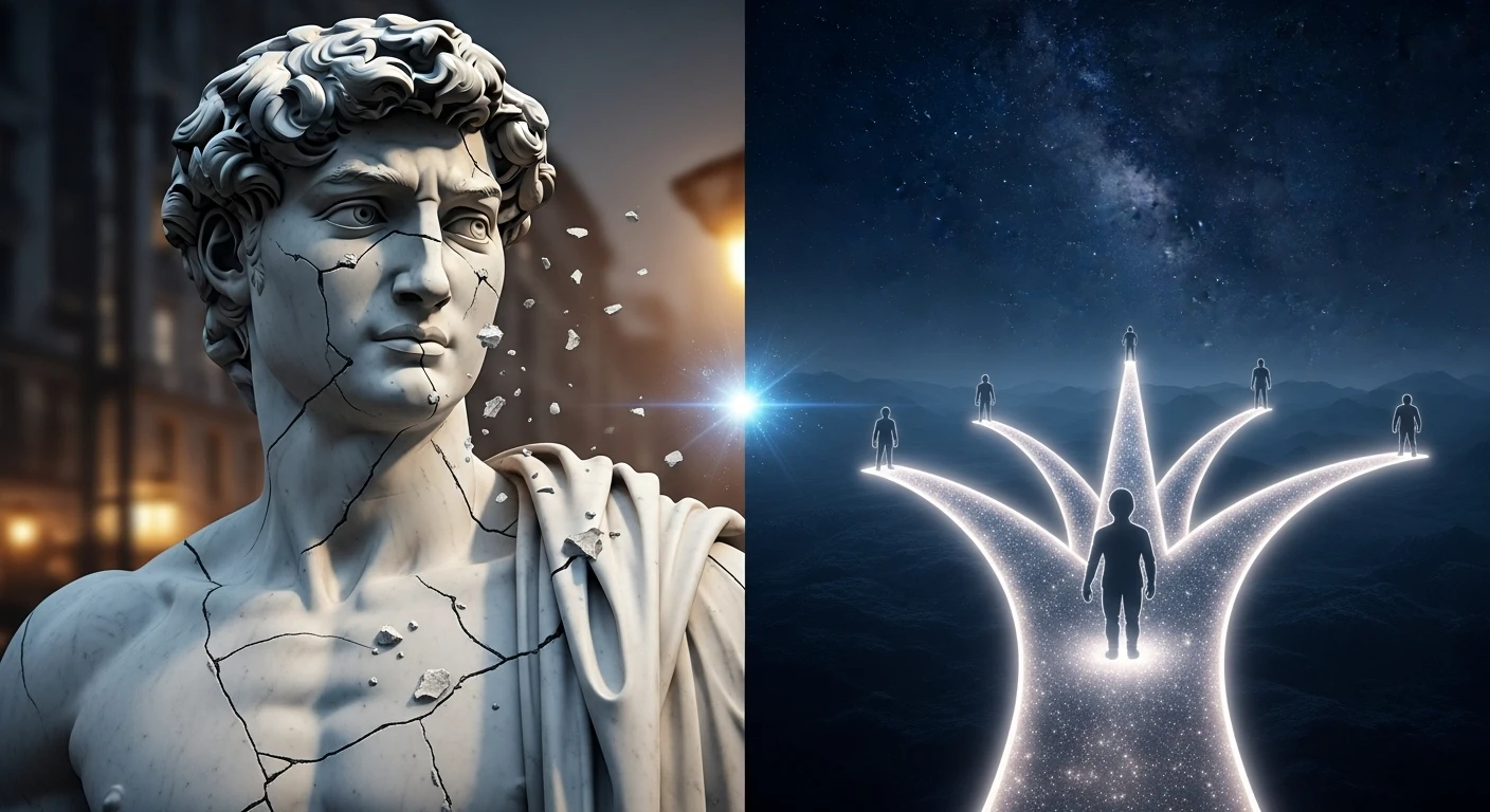 깨진 대리석 조각상과 갈림길에 선 배우의 모습을 표현한 이미지. 손상된 명성과 미래 선택의 기로를 상징합니다.