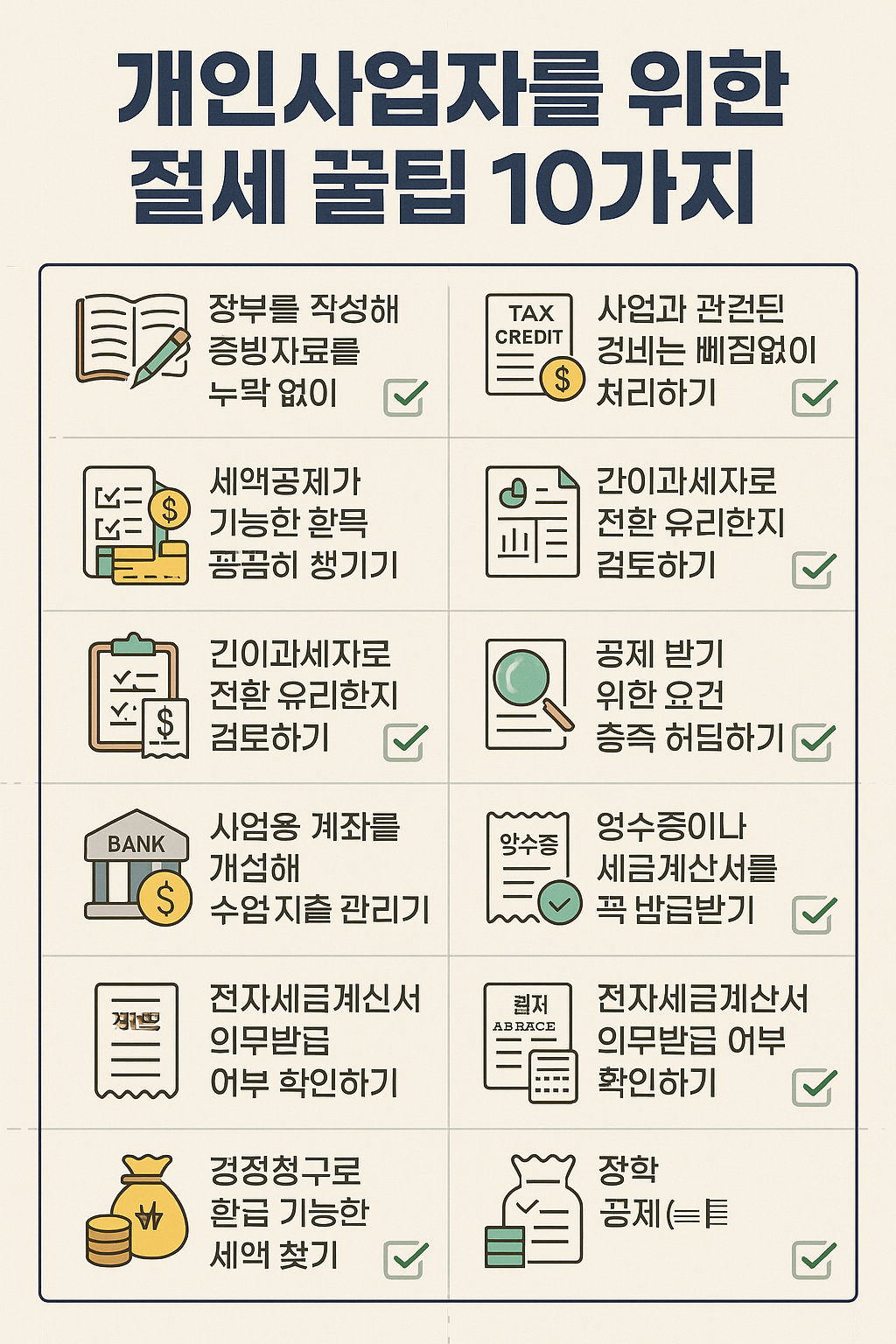 개인사업자를 위한 절세 꿀팁 10가지를 체크리스트 형식으로 정리한 인포그래픽 – 경비처리, 세액공제, 전자세금계산서 발행 등 항목 포함