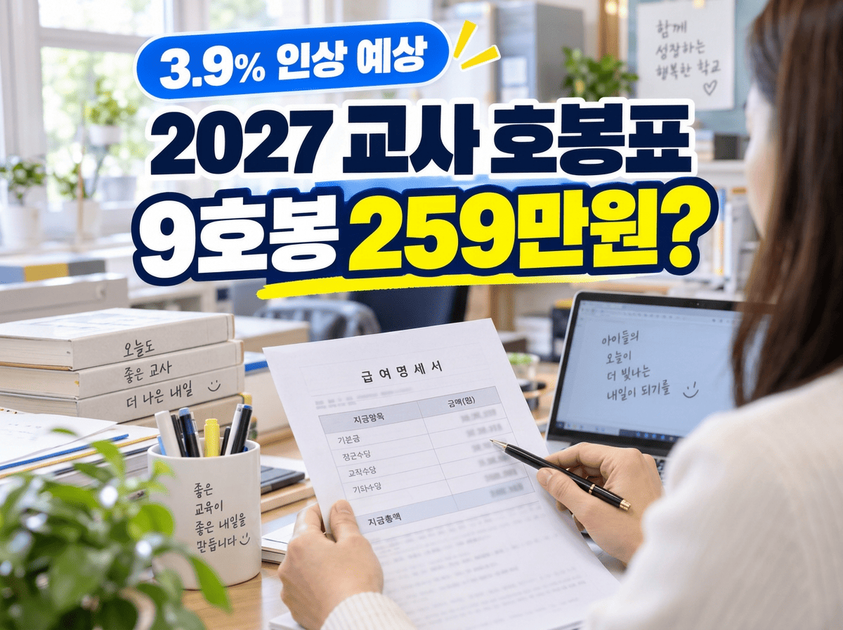 교원 봉급표 문서와 계산기를 배경으로 2027년 교사 호봉 예상액을 안내하는 이미지