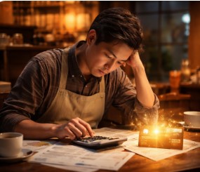 소상공인이 계산기를 두드리며 고민하고 있는데 카드(바우처)에서 따뜻한 빛이 나고 있는 모습