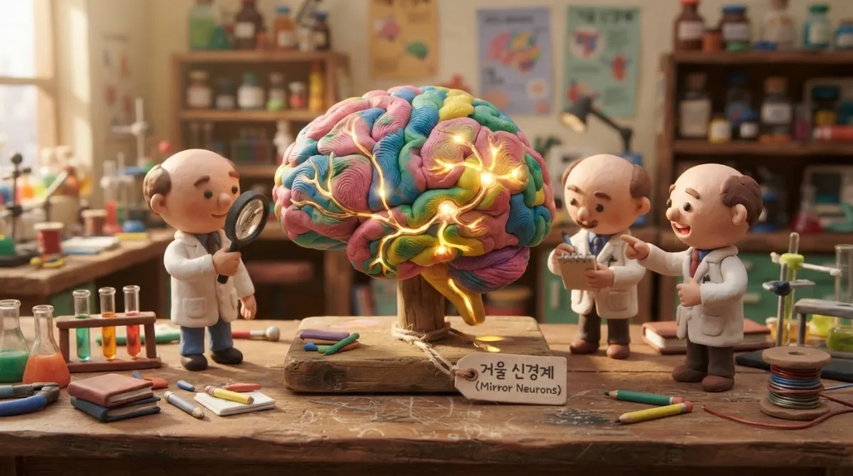 거울 신경계의 작동 원리를 점토 뇌 모형과 점토 과학자 인형으로 표현한 아드만풍 클레이 스톱모션 인포그래픽. "거울 신경계 (Mirror Neurons)" 점토 한글 태그 포함.