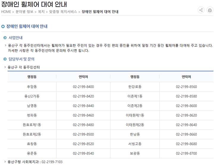 휠체어 대여 주민센터 문의