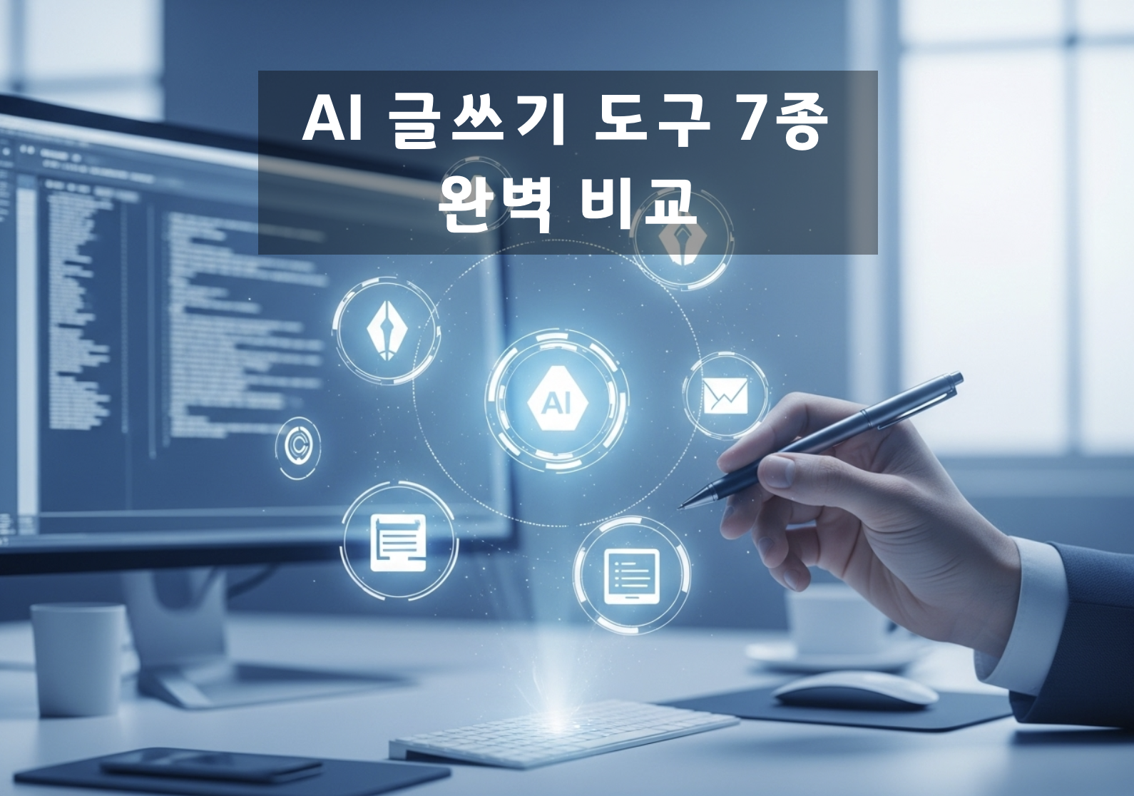 2025년 최고의 AI 글쓰기 도구들을 비교하는 콘셉트 이미지