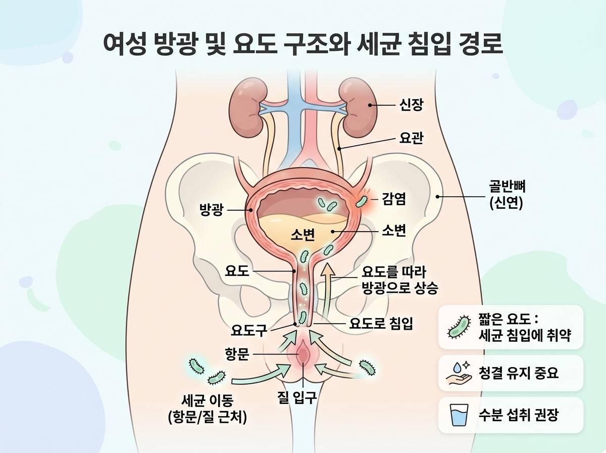 파스텔 톤의 인체 방광과 요도 구조 인포그래픽, 세균이 요도로 침입하는 경로를 화살표로 표시