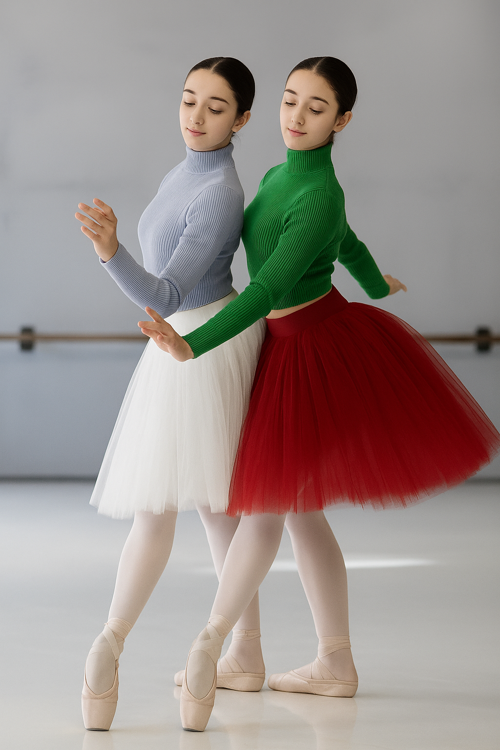 왼쪽 단일 발레리나 사진을 나노바나나로 두 명의 발레리나로 변형 생성한 이미지 