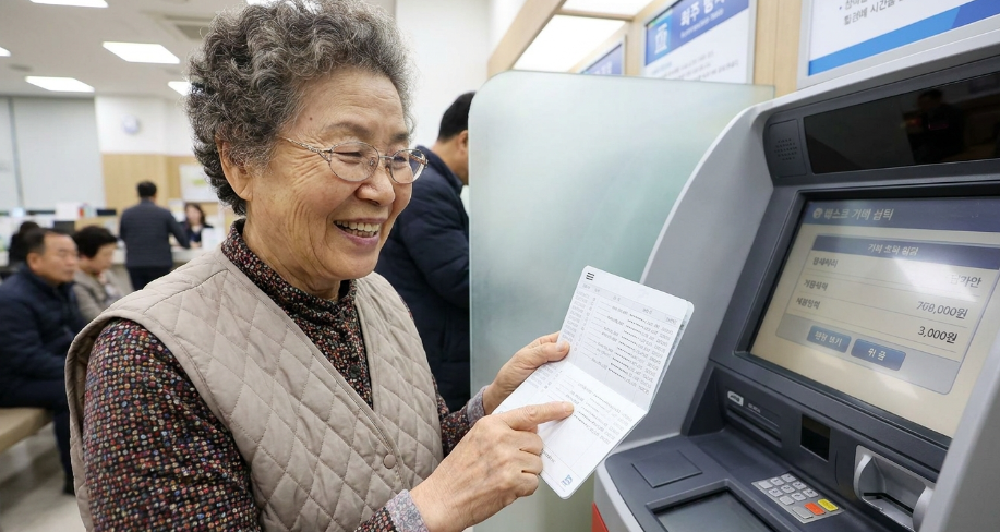 은행 ATM 기기에서 통장을 정리하며 환하게 웃고 있는 노인