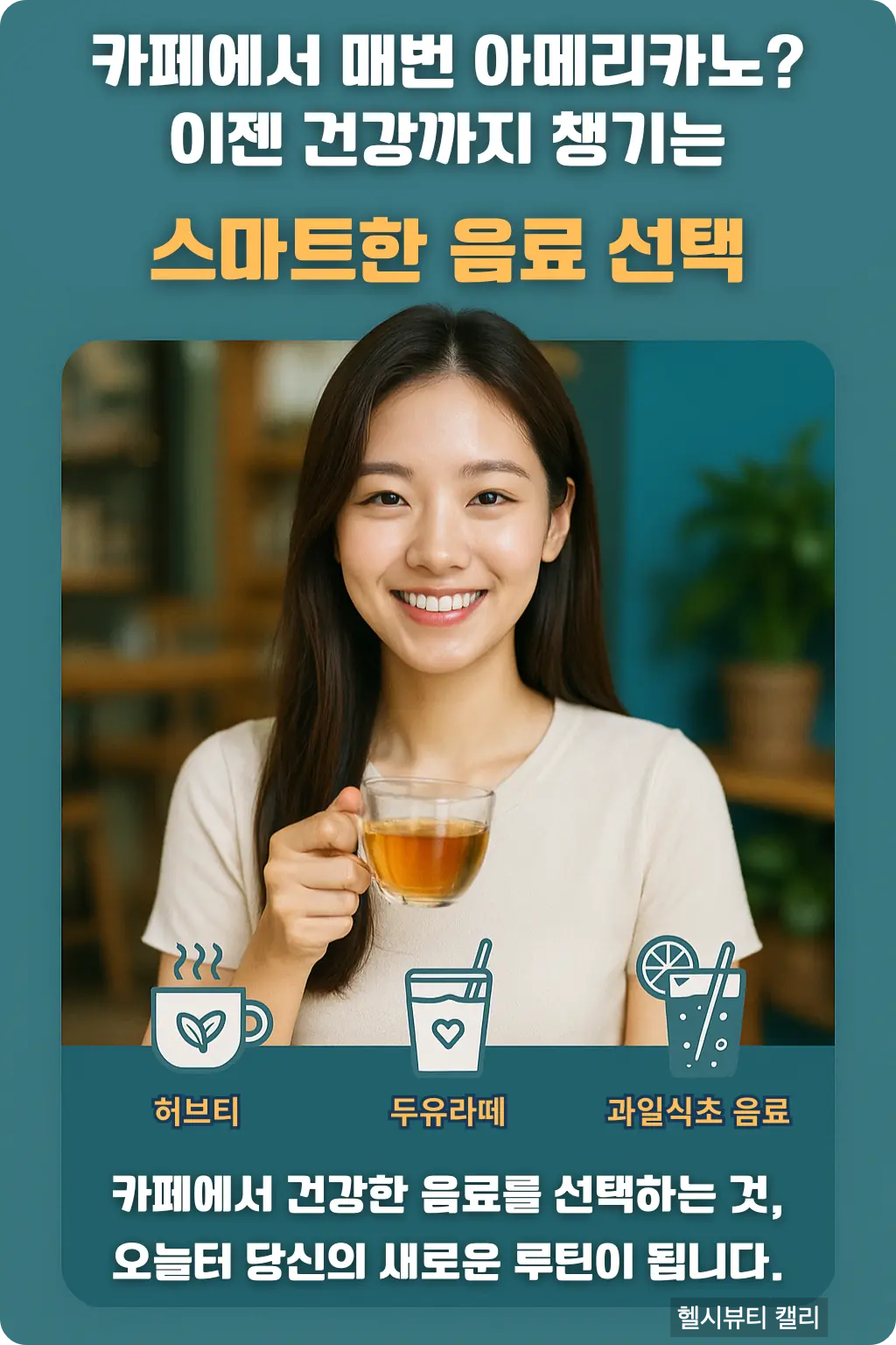 카페에서 허브티를 들고 웃는 여성과 건강 음료를 소개하는 카드형 인포그래픽