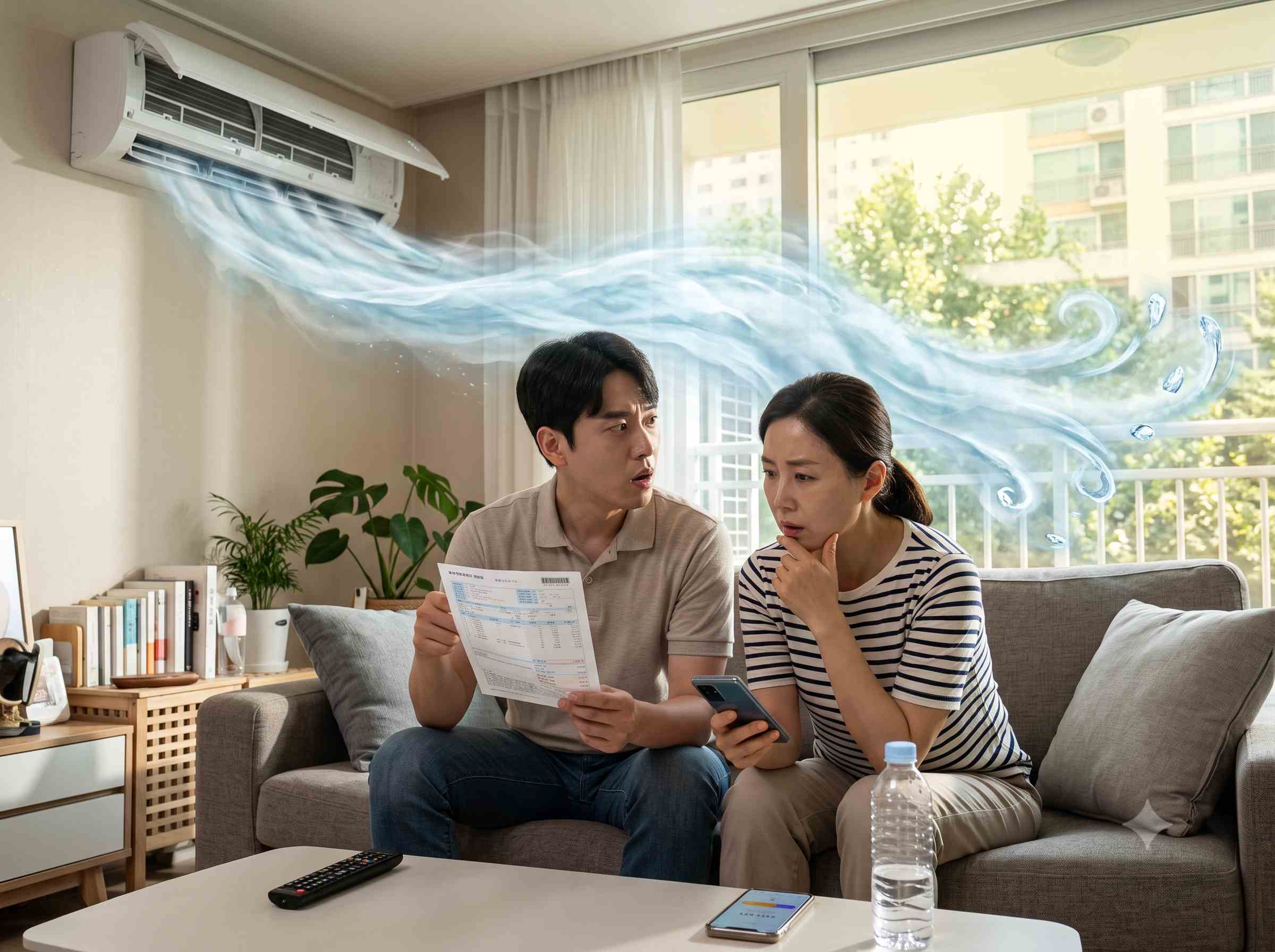 한쪽은 창문이 열린 방, 다른 한쪽은 밀폐된 방으로 구성해 냉기 손실 차이를 보여주는 장면