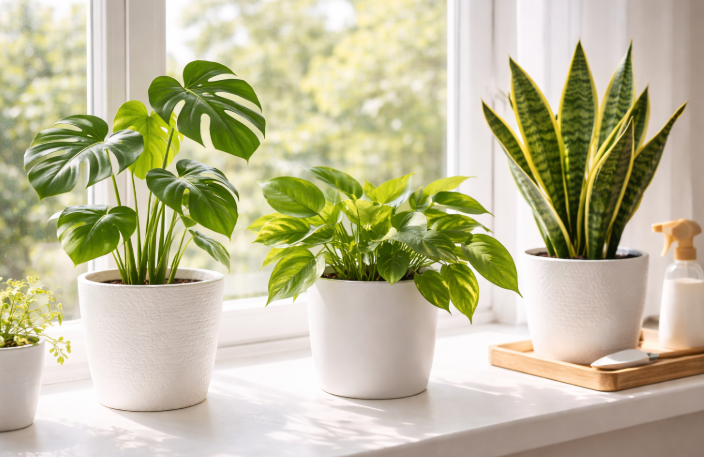 창가 햇빛 아래 놓인 몬스테라 스킨답서스 산세베리아 실내 식물 화분