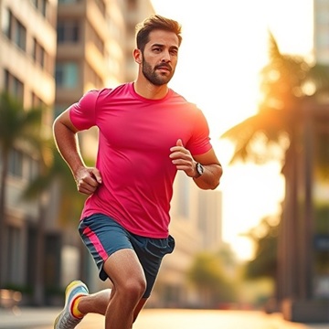 붉은색 계통 운동복 티셔츠 입고 러닝하는 남자보임 턱수염 콧수염있음