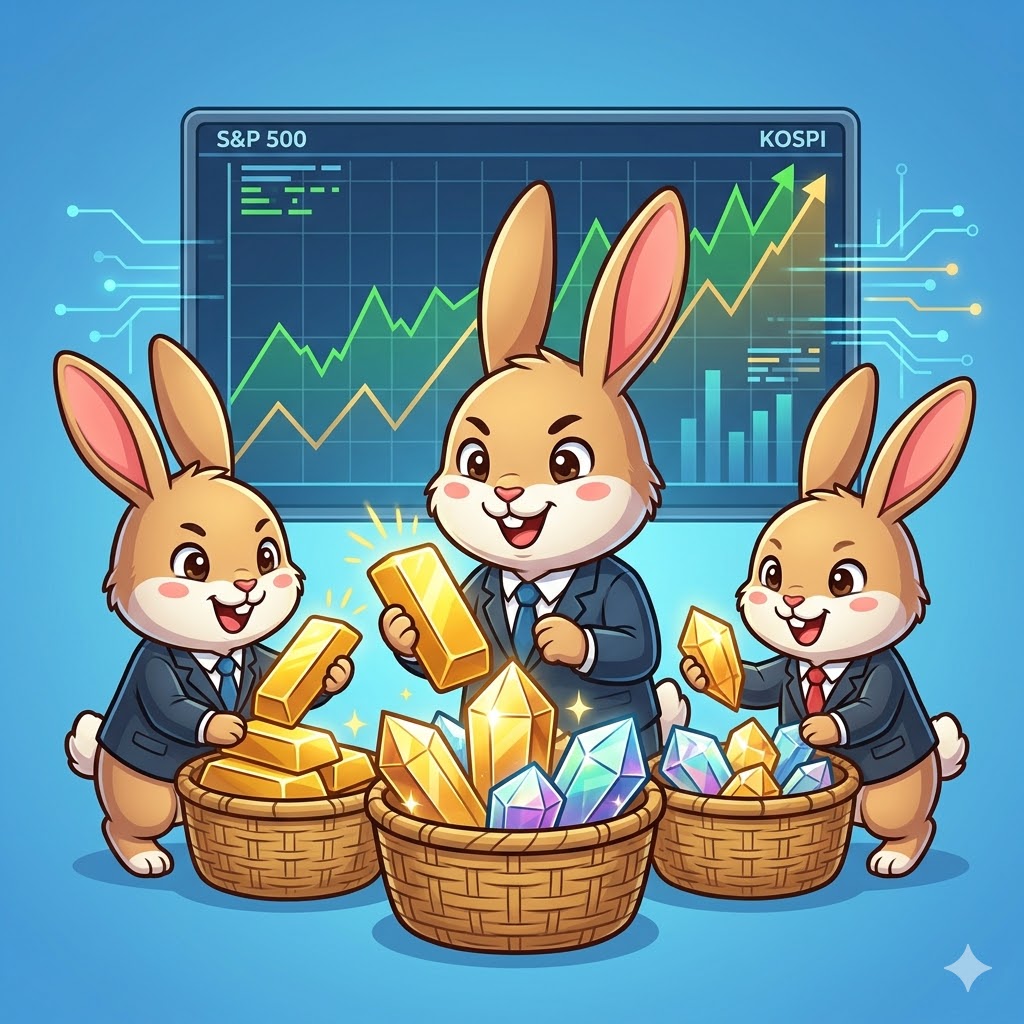 A 1:1 professional cartoon infographic of a stylized rabbit family with cheerful, determined expressions, all wearing tiny business suits. They are actively harvesting glowing gold bars and multifaceted gem crystals (from image_0.png) from traditional Japanese-style wicker baskets. In the background, there is a large data screen with green and gold stock chart lines and a tiny stylized 'S&amp;P 500' and 'KOSPI' index, all integrated with digital data flows, conveying image_0.png's branding essence. The colors are vibrant, clean, and conveyed against a clean blue gradient background. Pure visual image, no other text.