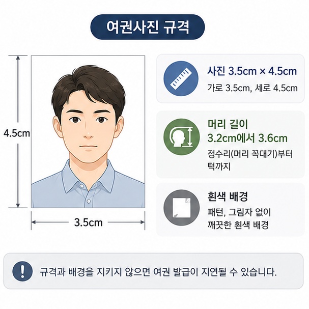 여권사진의 가로와 세로 크기, 정수리부터 턱까지의 머리 길이와 흰색 배경 기준을 보여주는 그림