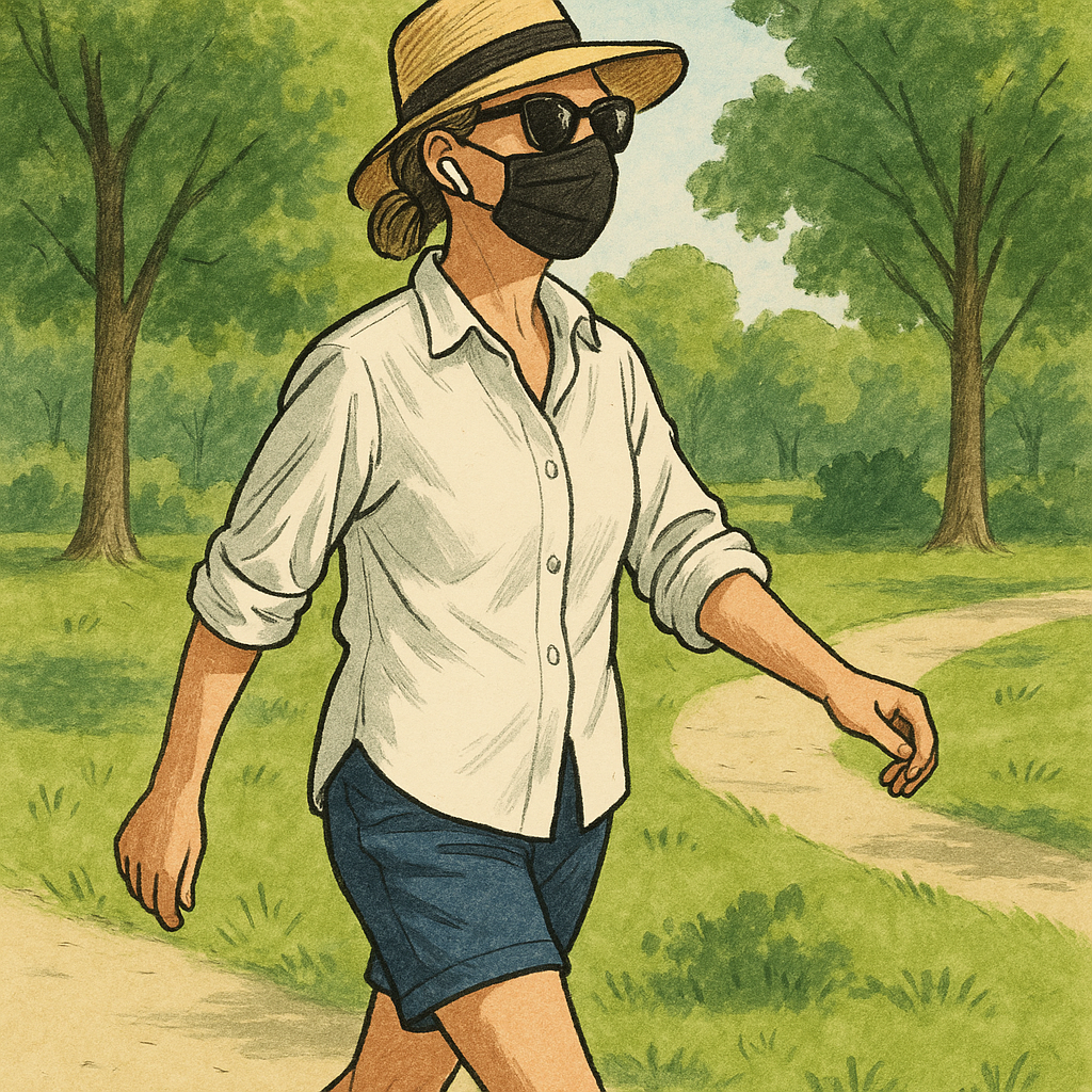 비타민D 합성을 위해 낮에 공원에서 걷고 있는 여성