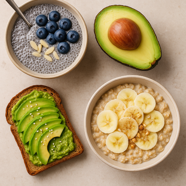 치아씨드, 아보카도, 오트밀이 한 상차림으로 구성된 건강 식단