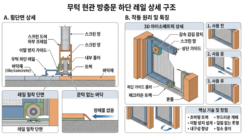 무턱이 현관 방충문 하단 레일 상세 구조