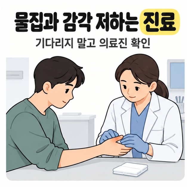 진료실에서 의료진이 남성의 손을 살펴보고 진료대에 깨끗한 거즈가 놓인 그림